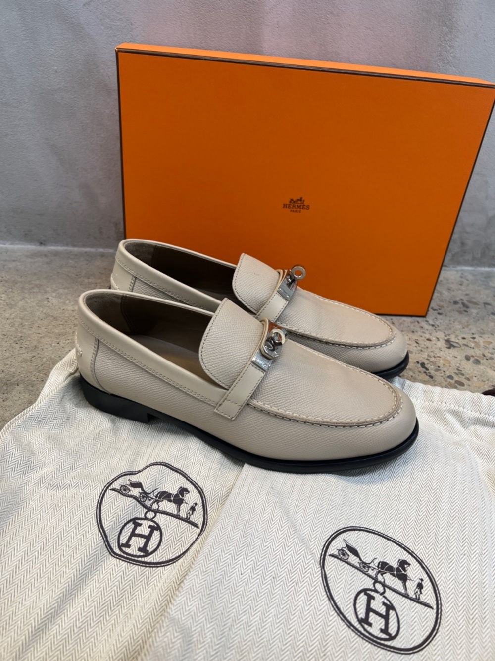 Hermes Taupe Kelly Pebbled Leather Band Bit Loafers